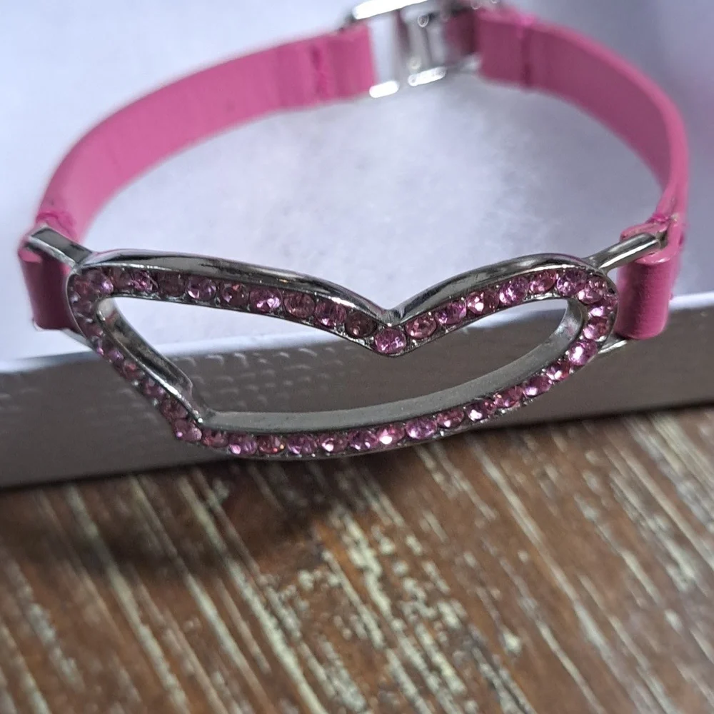 Heart Jewelry Bracelet Women’s Teens Pink Rhinestone Fashion Faux Leather Strap